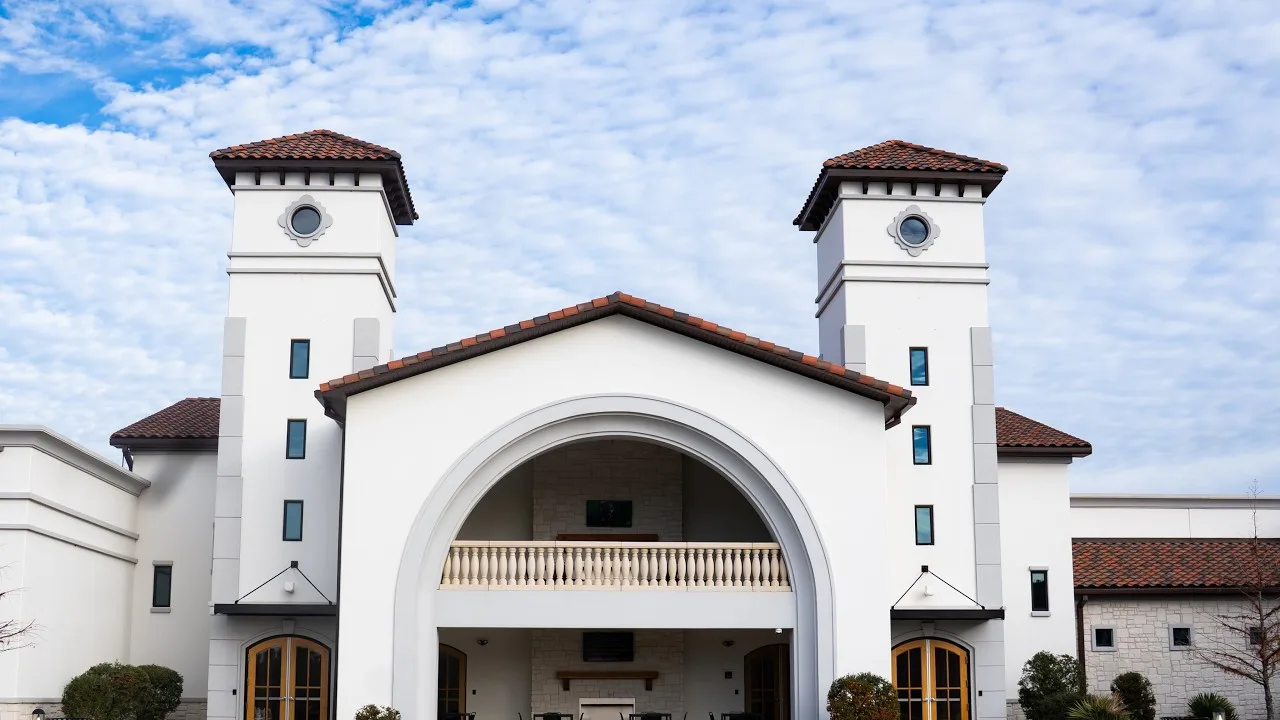 The Keystone Church building in Keller, Texas — twin towers and an arched entryway