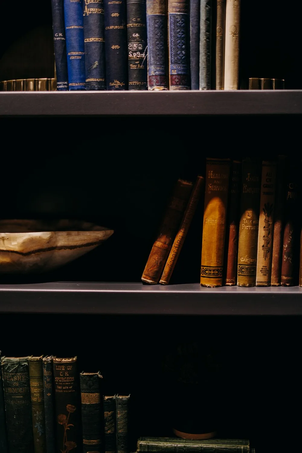 Vintage book spines on the studio shelves